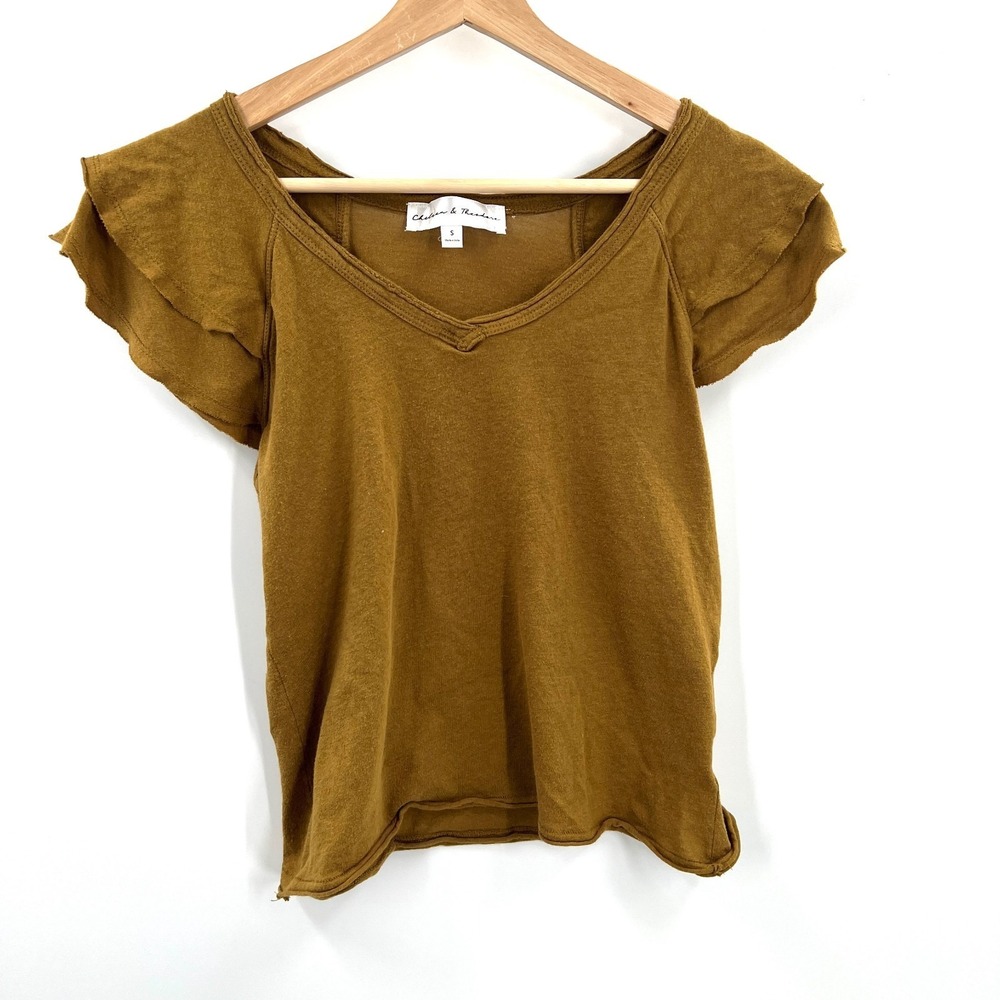 Chelsea & Theadore olive green brown feminine flutter ruffle sleeve t-shirt S